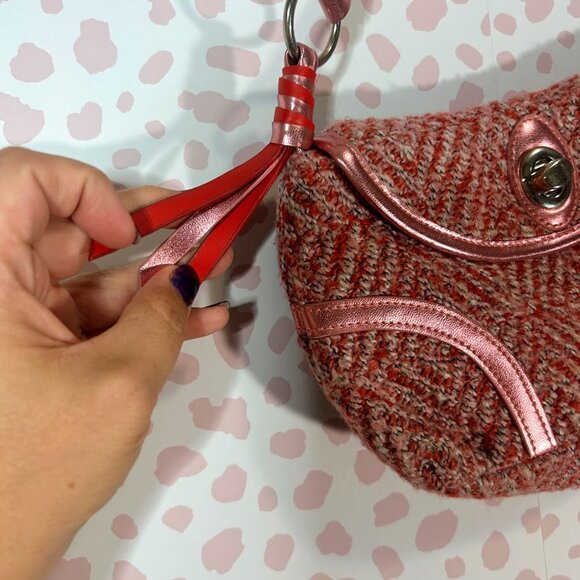 Y2K 90s Mini Bag Tweed Twill Striped Preppy Star Pink Latch Fringe Lined Purse - Picture 6 of 14